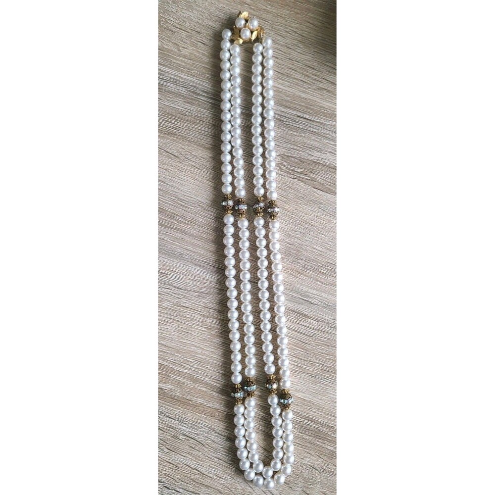 Vtg Double Strand Bergere? Faux Pearl? Aurora Borealis Accents Necklace 26x28